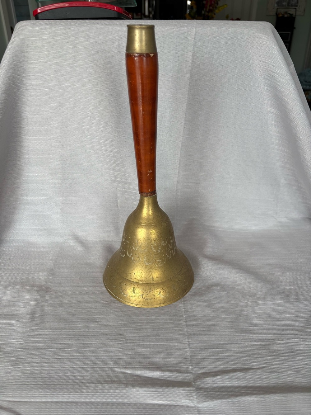 Vintage Large Brass & Wood Hand Bell - Brown Handle, Gold Bell
